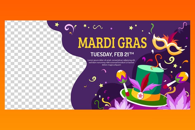 Vettore gratuito modello di banner orizzontale piatto per il mardi gras