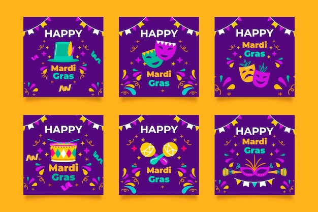 Vettore gratuito collezione di post di instagram piatto mardi gras