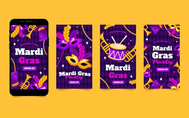 Free vector flat mardi gras instagram stories collection