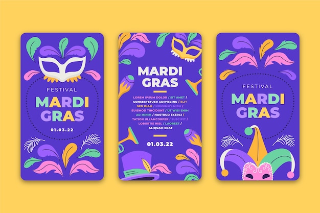 Free vector flat mardi gras instagram stories collection