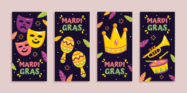 Free vector flat mardi gras instagram stories collection