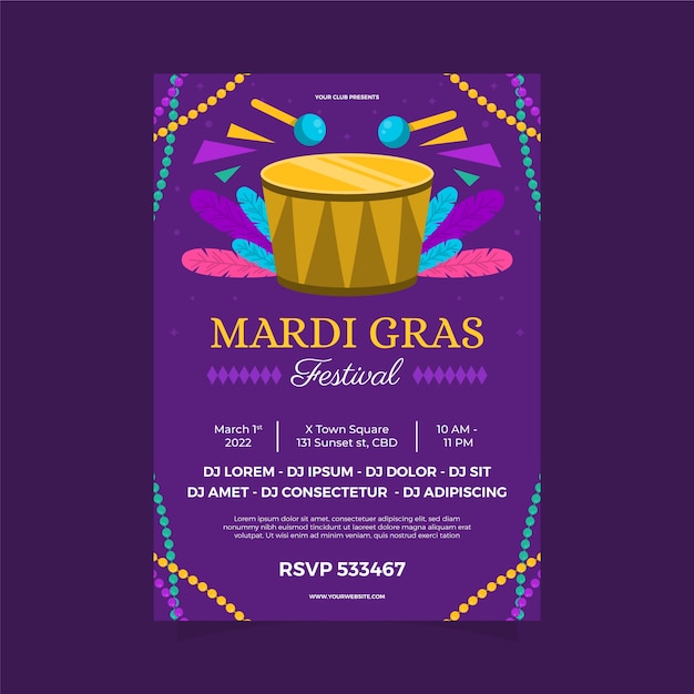 Free vector flat mardi gras vertical flyer template