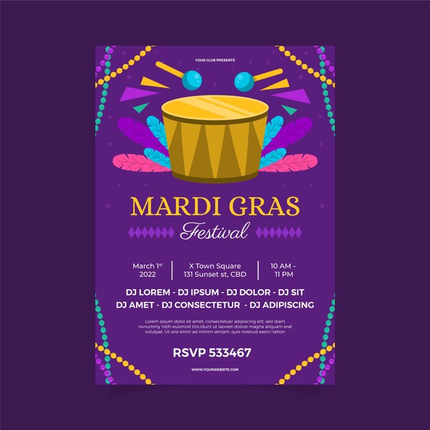 Flat mardi gras vertical flyer template