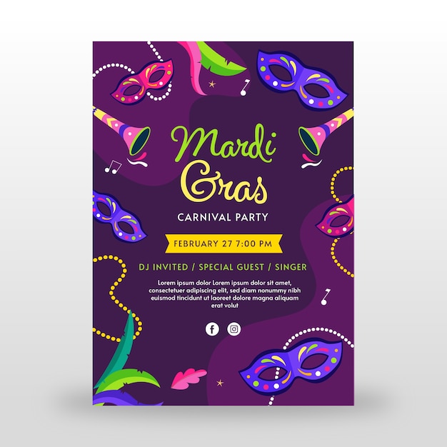 Free vector flat mardi gras vertical flyer template