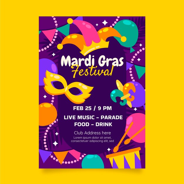 Flat mardi gras vertical flyer template