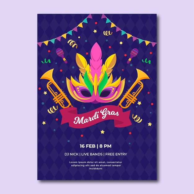 Free vector flat mardi gras vertical poster template