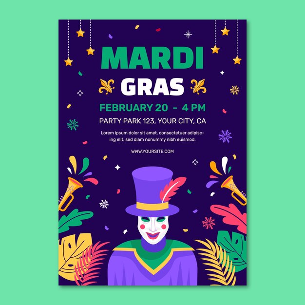 Flat mardi gras vertical poster template