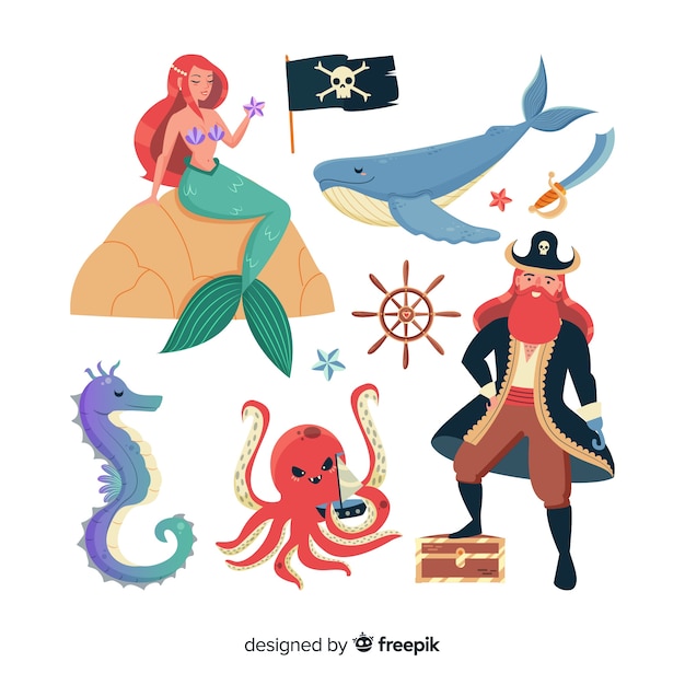 Free vector flat marine elements collection