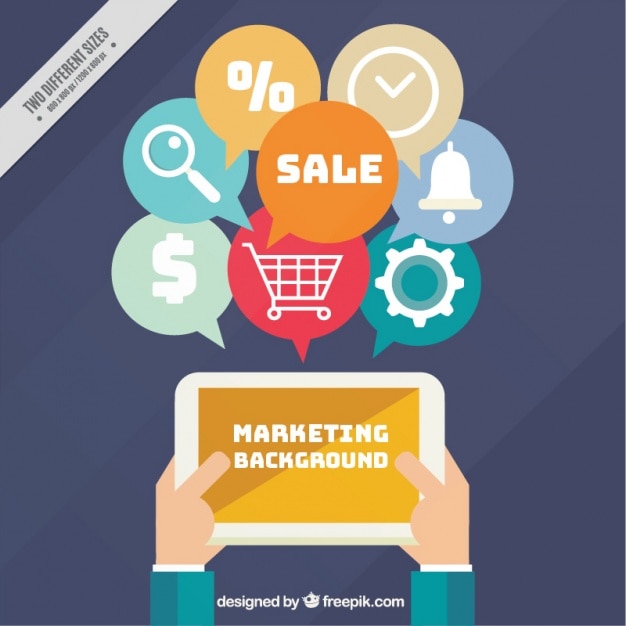 Background di marketing piatto con tavoletta e digitali icone