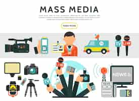 Free vector flat mass media elements set with reporter photo video cameras news car microphones television radio tower