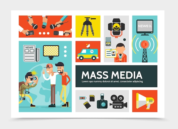 Flat mass media infographic concept with news car radio tower megaphone cameras newspaper