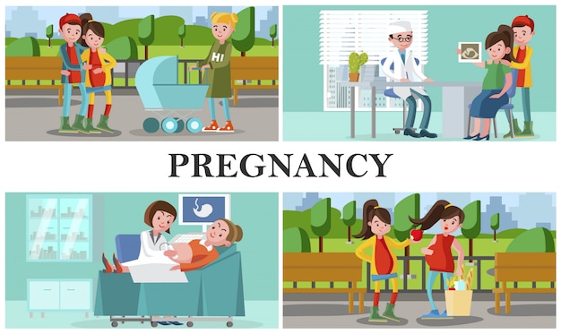 무료 벡터 임산부와 플랫 출산 및 임신 구성은 건강한 생활 방식을 이끌고 의료 통제를 위해 병원을 방문합니다.