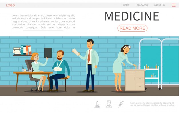 Flat medical care webpage template with doctors nurse and patient in hospital 