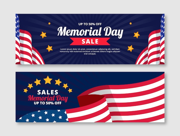 Free vector flat memorial day sale horizontal banners pack