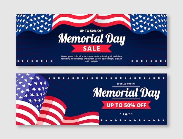 Free vector flat memorial day sale horizontal banners pack