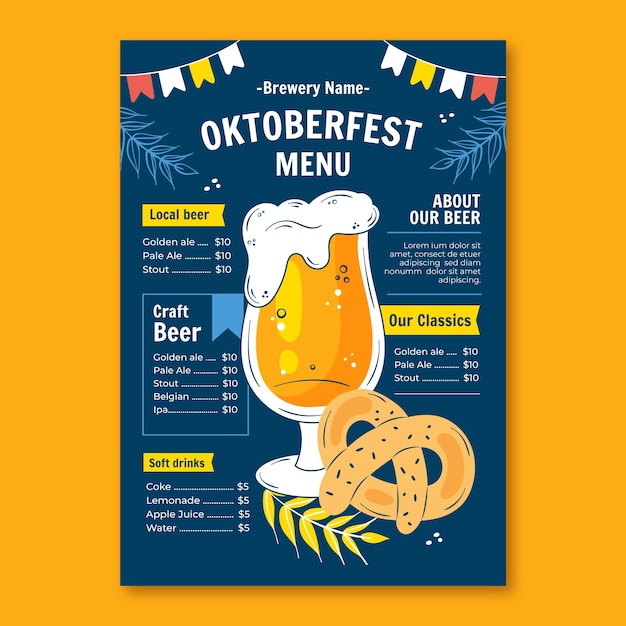 無料ベクター オクトーバーフェストのビール祭りのお祝い用のフラット メニュー テンプレート