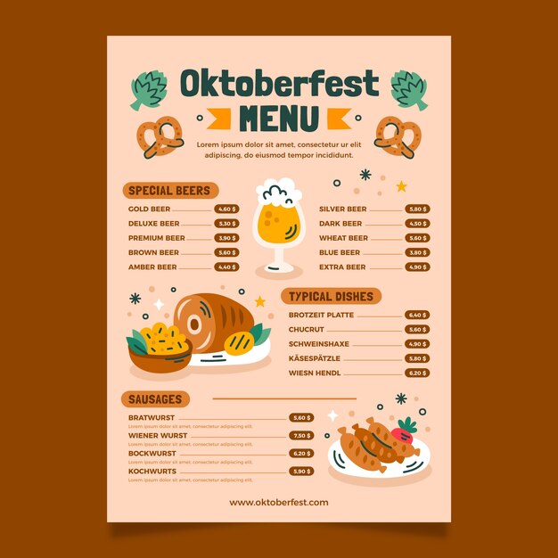 Шаблон плоского меню для празднования пивного фестиваля Oktoberfest