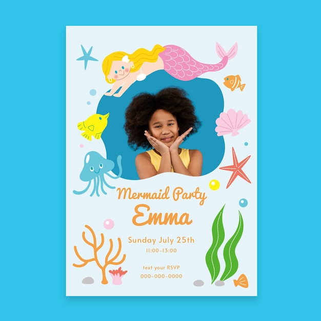 Flat mermaid birthday invitation template with photo