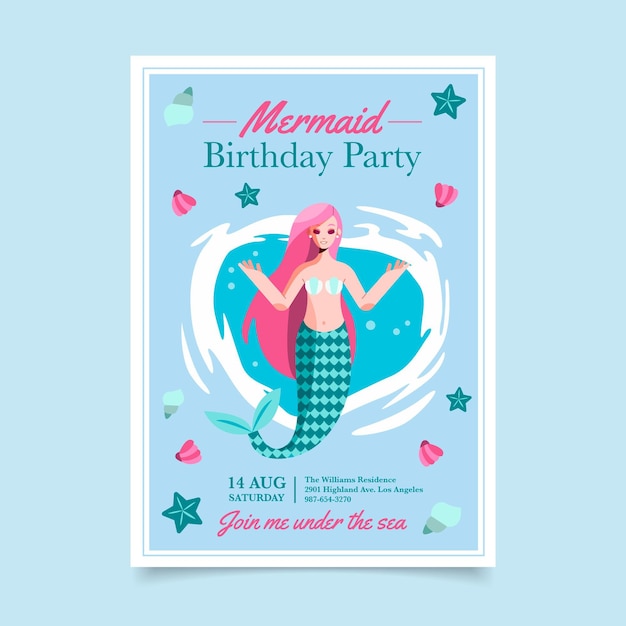 Free vector flat mermaid birthday invitation template