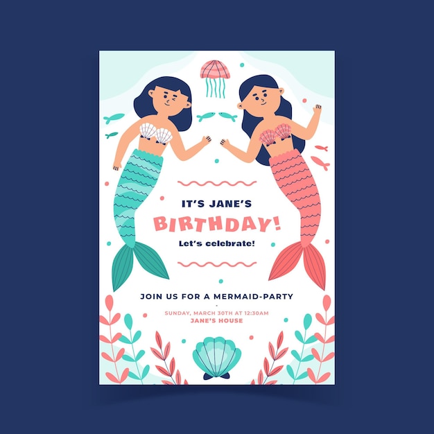 Free vector flat mermaid birthday invitation template