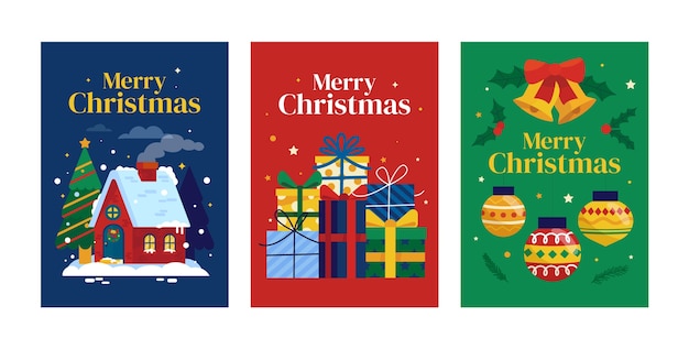 Flat merry christmas greeting cards collection