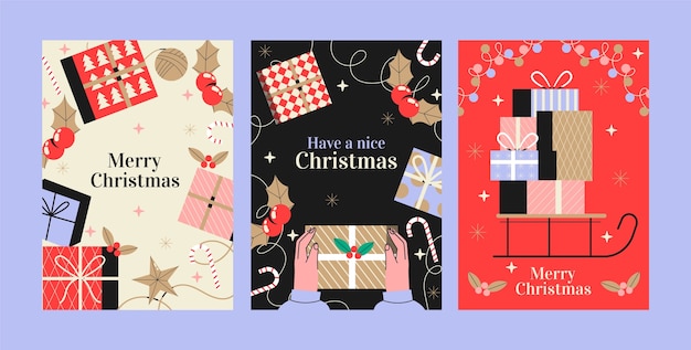 플랫 메리 크리스마스 인사말 카드 컬렉션