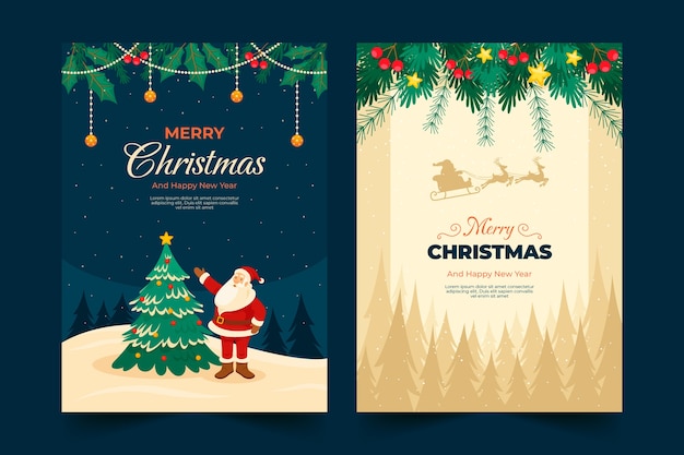 Flat merry christmas greeting cards set