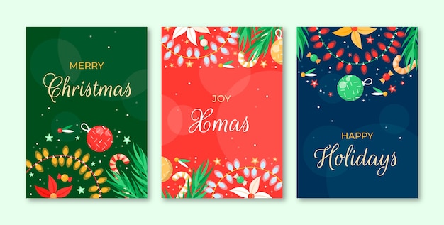 Flat merry christmas greeting cards set