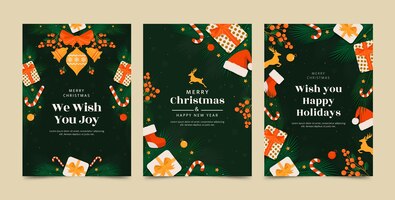 Flat merry christmas greeting cards set