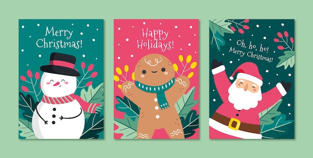 Flat merry christmas greeting cards set