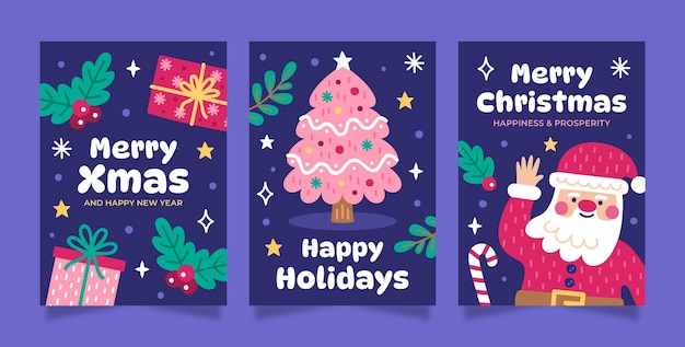 Flat merry christmas greeting cards set