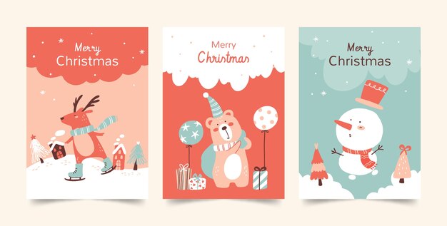 Flat merry christmas greeting cards set