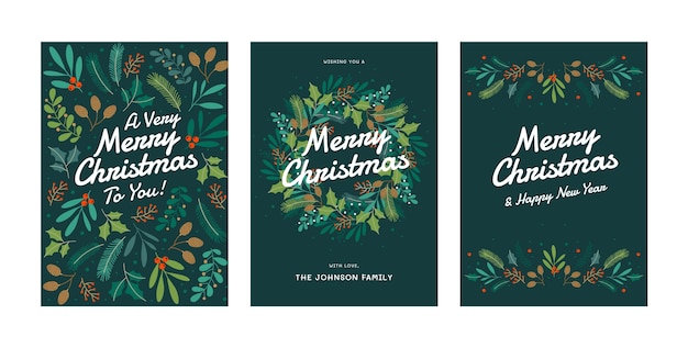 Flat merry christmas greeting cards set