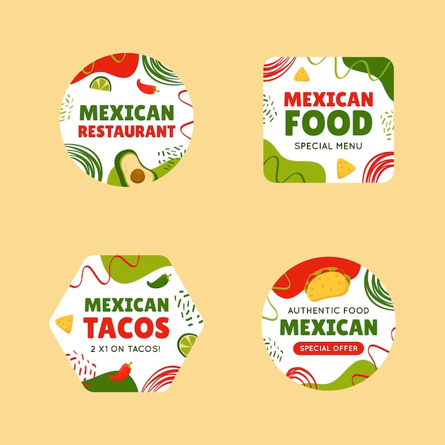 플랫 멕시코 음식 레스토랑 레이블 컬렉션