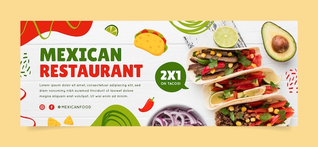 Flat mexican food restaurant social media cover template