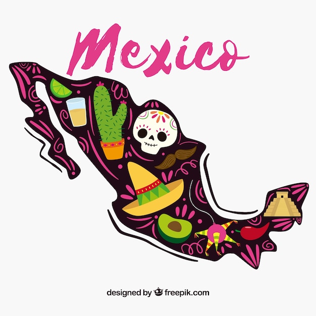 Vettore gratuito piatto fondo mappa messicana con elementi