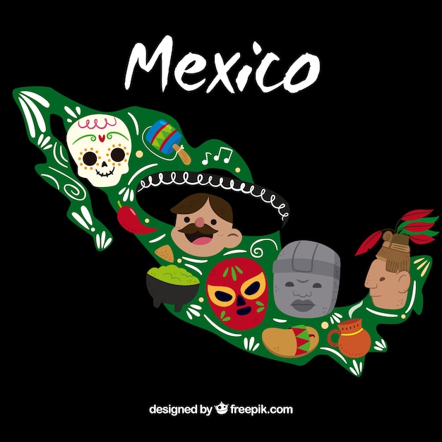 Flat mexican map background with elements