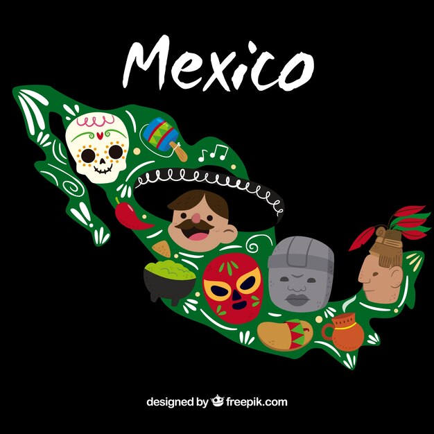 フラットメキシコの地図の背景と要素