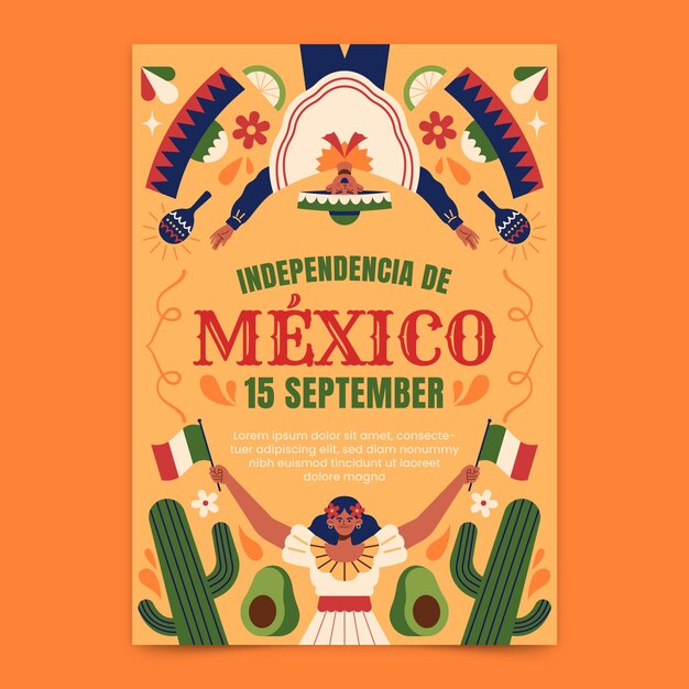 Flat mexico independence celebration poster template with woman holding flags