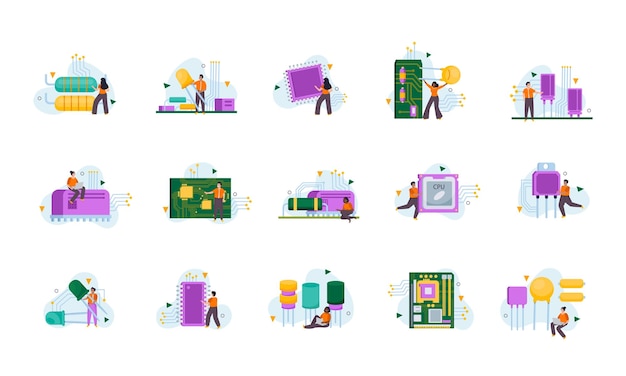 Free vector flat microchip isolated icons set with hardware elements and tiny people vector illustration