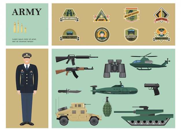 Free vector flat military colorful composition with officer machine guns binoculars pistol grenade armored car tank helicopter submarine bullets and army labels