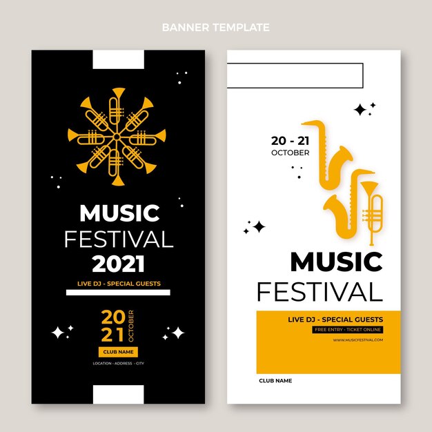 Плоский минималистичный дизайн баннеров музыкального фестиваля по вертикали
