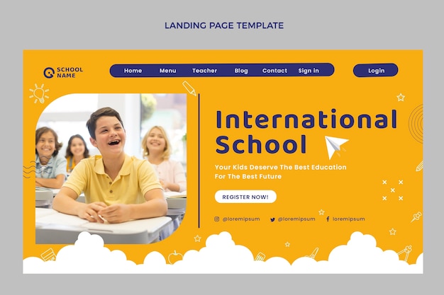 無料ベクター インターナショナルスクールに通うためのフラットな最小限のランディングページテンプレート