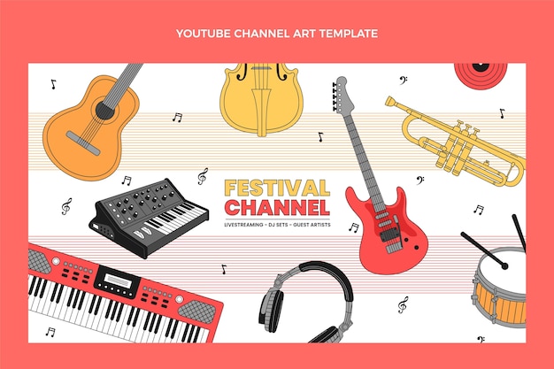 Vettore gratuito arte del canale youtube del festival musicale minimale piatto