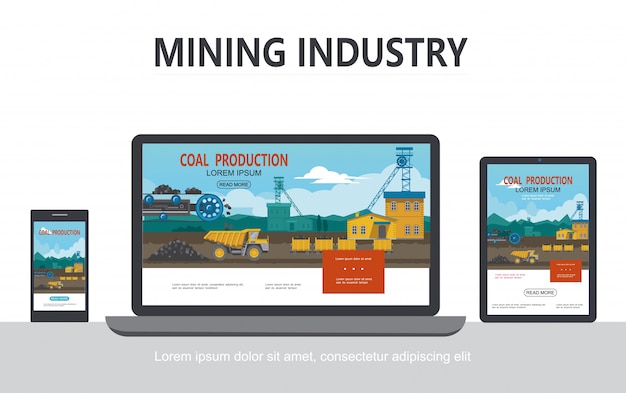 Flat mining industry adaptive design concept with industrial factory bucket wheel dump truck wagons transporting coal on tablet phone laptop screens isolated 