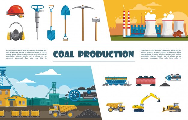 Flat mining industry elements set with helmet drill pickaxe shovel helmet wagon of coal conveyor with coal truck bulldozer excavator industrial plant 