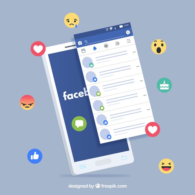 Плоский мобильный с уведомлениями facebook и emojis