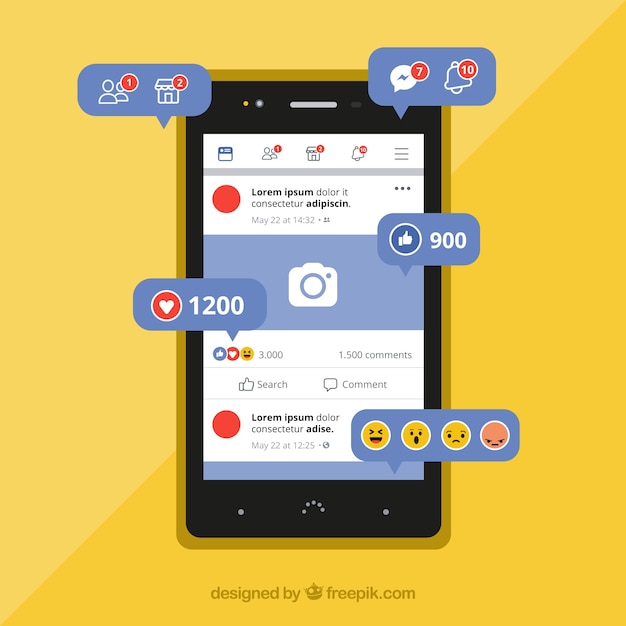 Flat mobile with facebook notifications and emojis