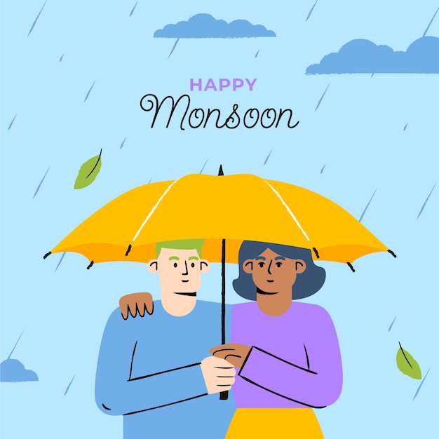 Free vector flat monsoon season background with couple under umbrella