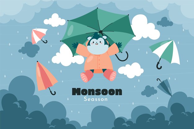 우산 아래 귀여운 동물과 평평한 몬순 시즌 배경